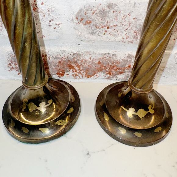 Bronze Look Pair of Candlesticks with Brass floral Bases 9” Tall - Picture 2 of 10